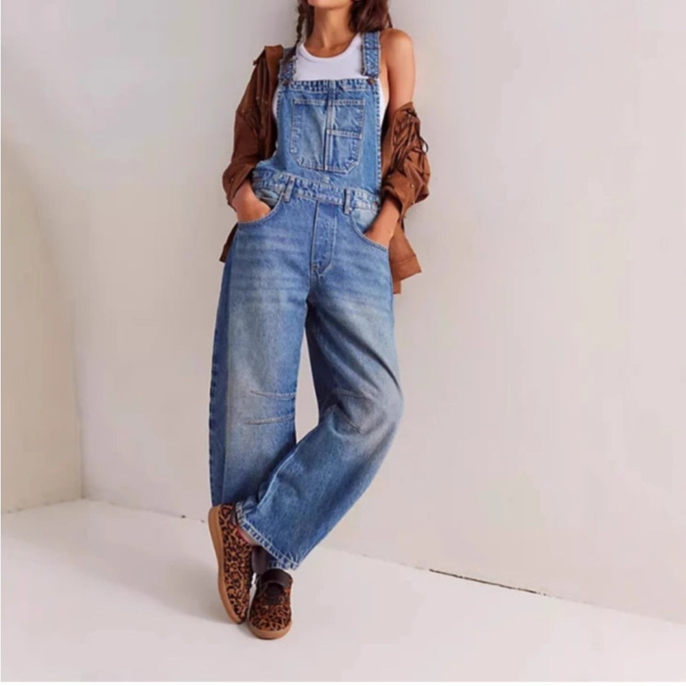 Blue Denim Overalls Barrel Leg
